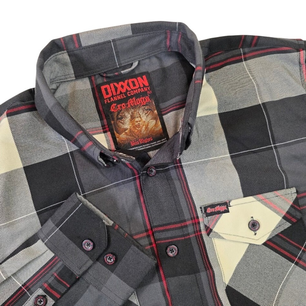 Dixxon Mens XLT Flannel Shirt Grey Cro-Mags Best Wishes D-Tech Plaid Button Up